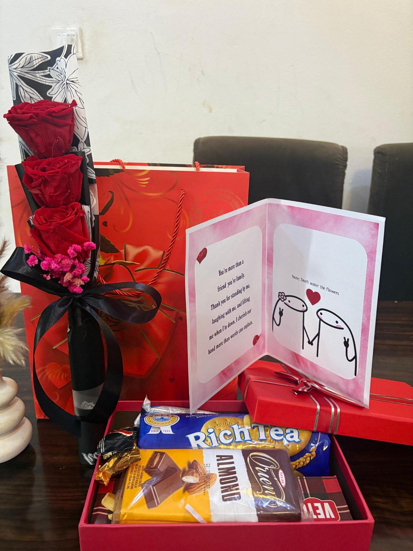 Presented gifts with flowers and packaged treats