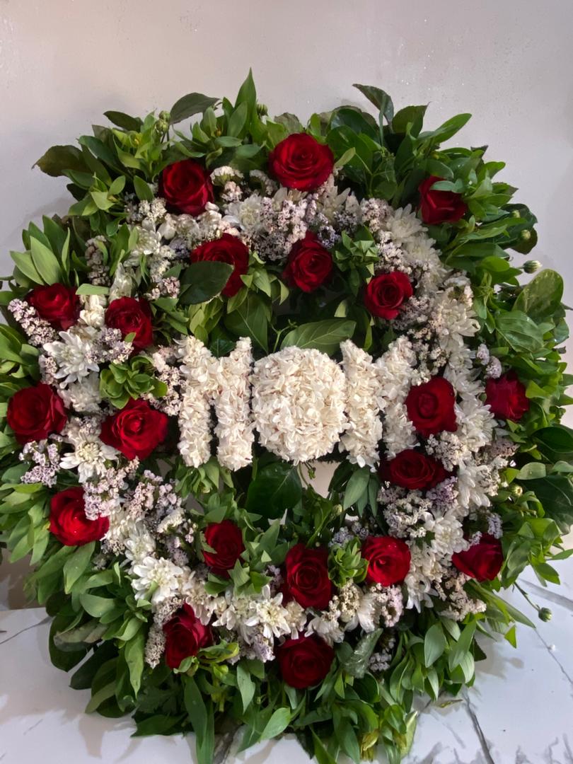 MOM memorial tribute wreath with red roses and white carnations funeral flowers Abuja Nigeria FOA_gifts